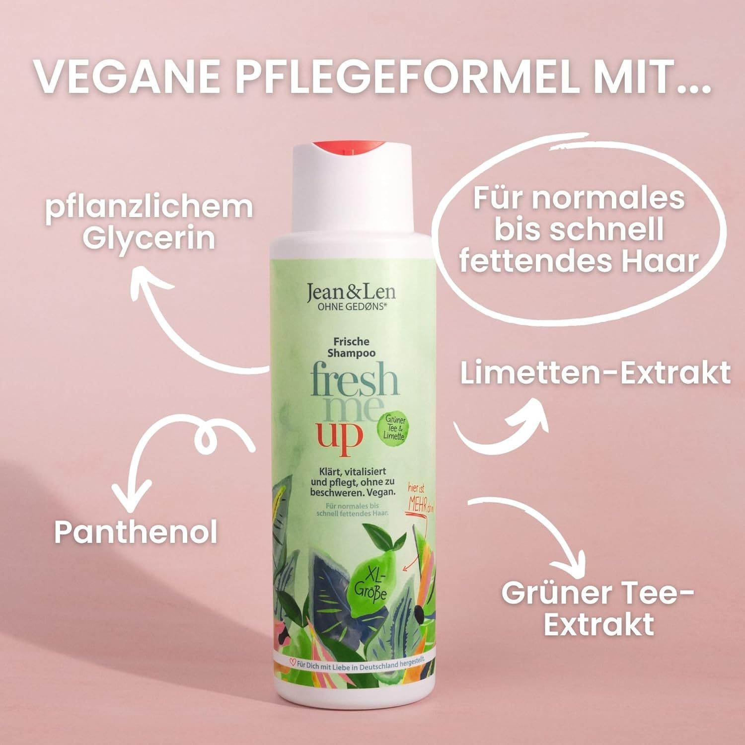 Grünes Shampoo von Jean & Len. Text: Frische Shampoo, fresh me up. Mit Limetten-Extrakt, Grüner Tee-Extrakt, Panthenol und pflanzlichem Glycerin.