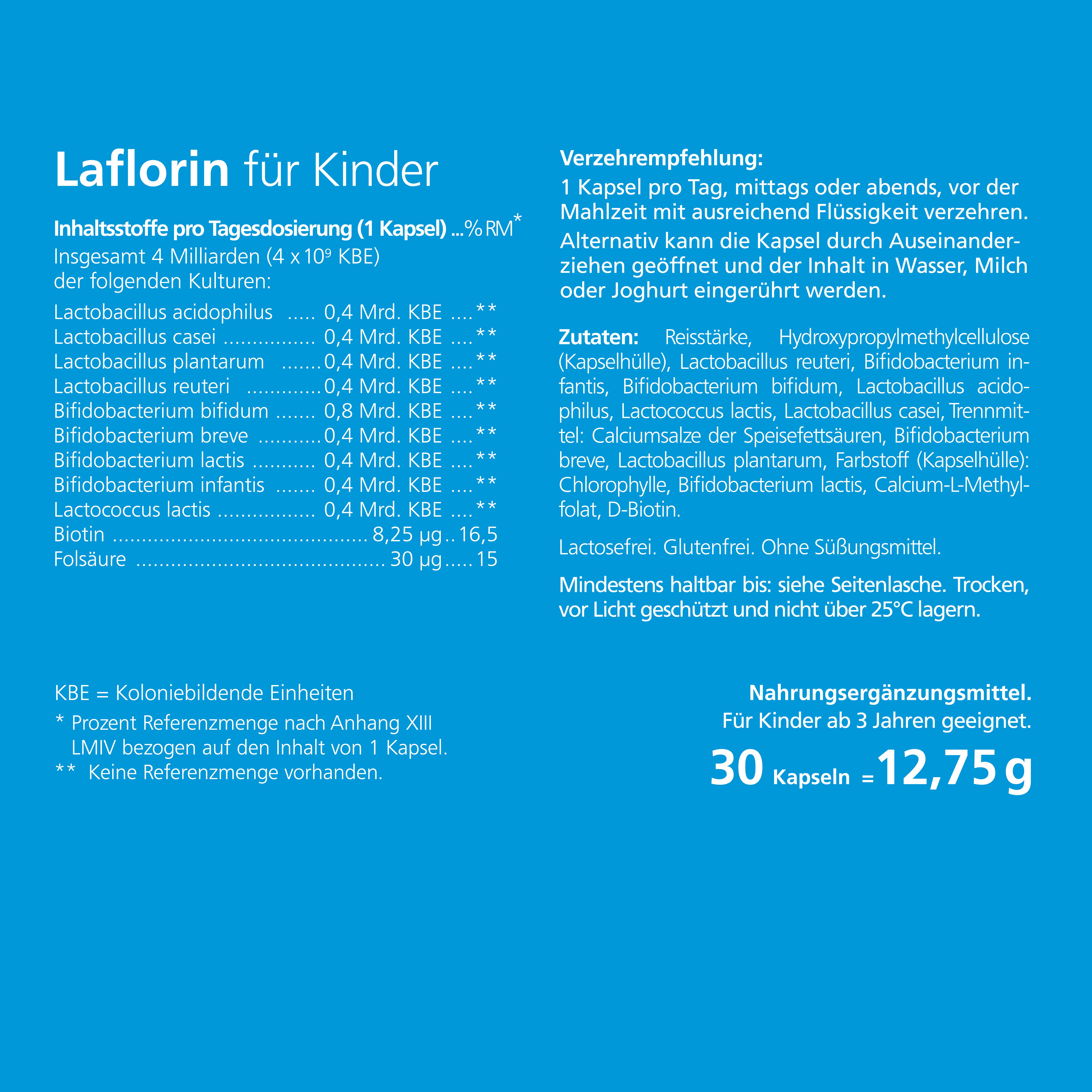 Rückseite der Laflorin für Kinder-Verpackung. Blaue Schrift auf blauem Hintergrund. Informationen zu Inhaltsstoffen und Verzehrempfehlung.