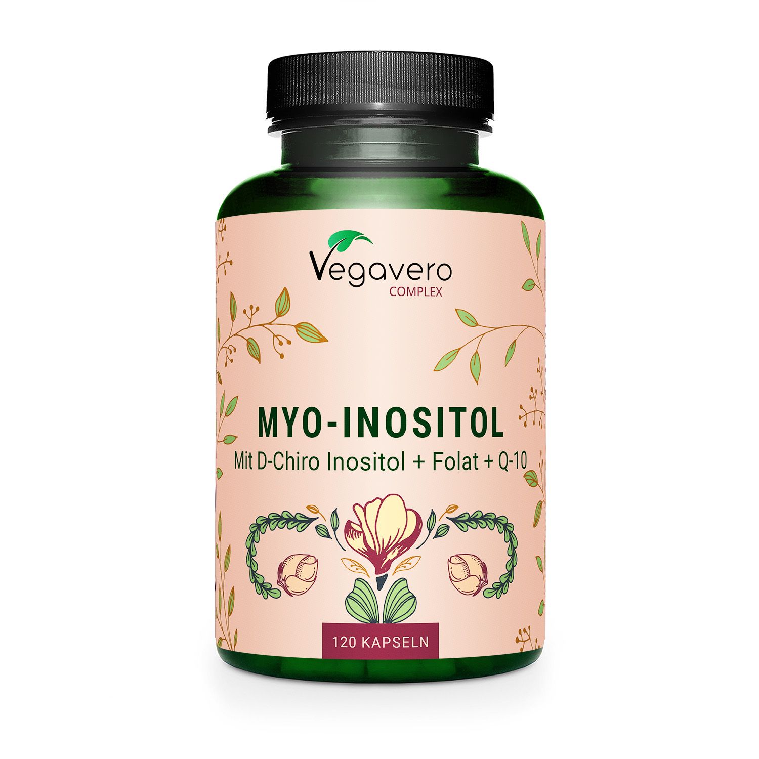 Grüne Flasche mit Kapseln. Aufschrift: MYO-INOSITOL, Vegavaro. Mit D-Chiro Inositol + Folat + Q-10. 120 Kapseln.