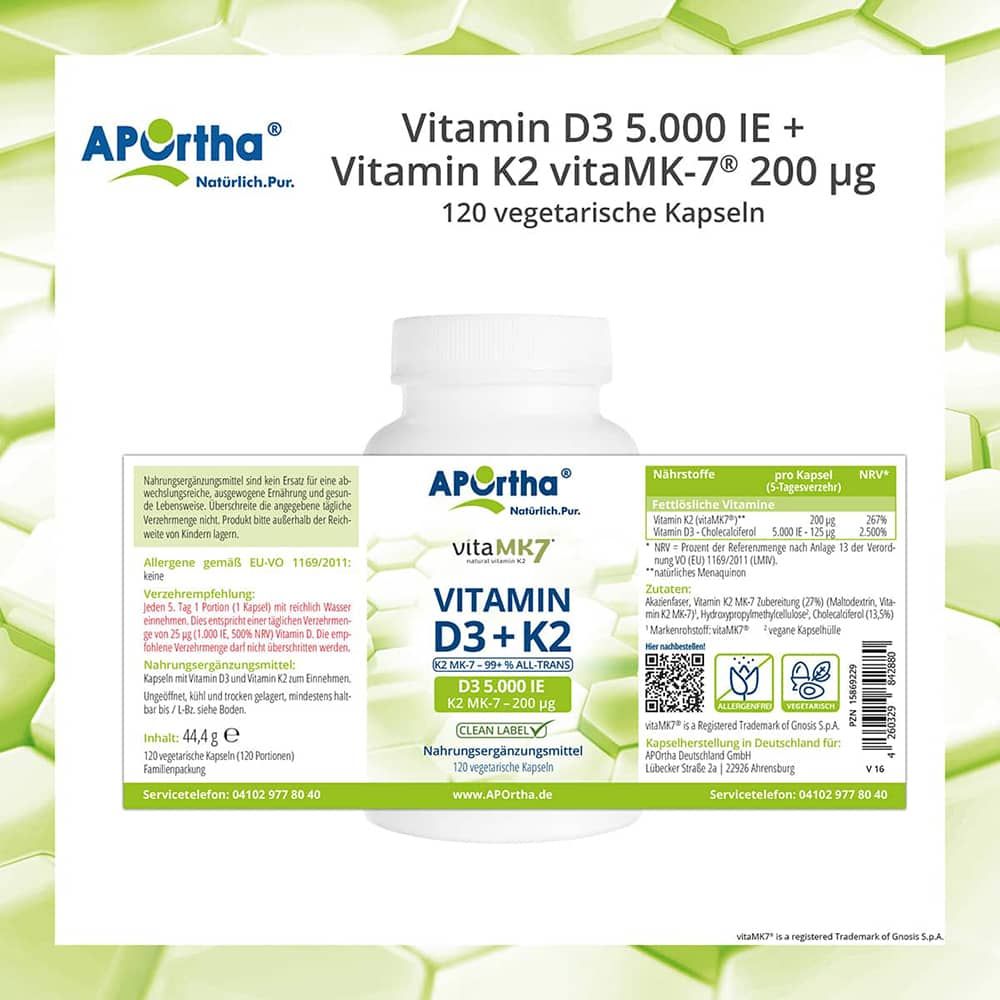 APOrtha® Vitamin D3 + K2 Kapseln Flasche und Nährwerttabelle. Aufschrift: Vitamin D3 + K2, 120 vegetarische Kapseln. Informationen zur Zusammensetzung.