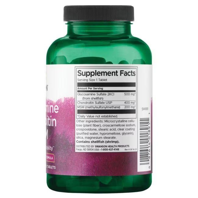 Rückseite der grünen Flasche. Etikett mit Nährwertangaben. Inhaltsstoffe: Glucosamin, Chondroitin, MSM.