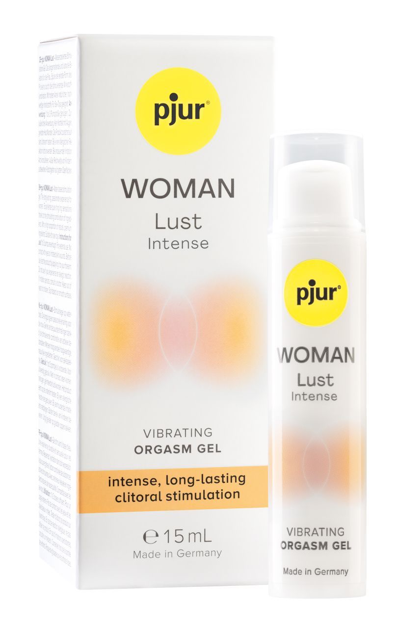 Pjur WOMAN Lust Intense. Vibrations-Orgasmus-Gel. Weiße Tube und Verpackung. Gelb-orangefarbene Grafik. 15 ml.