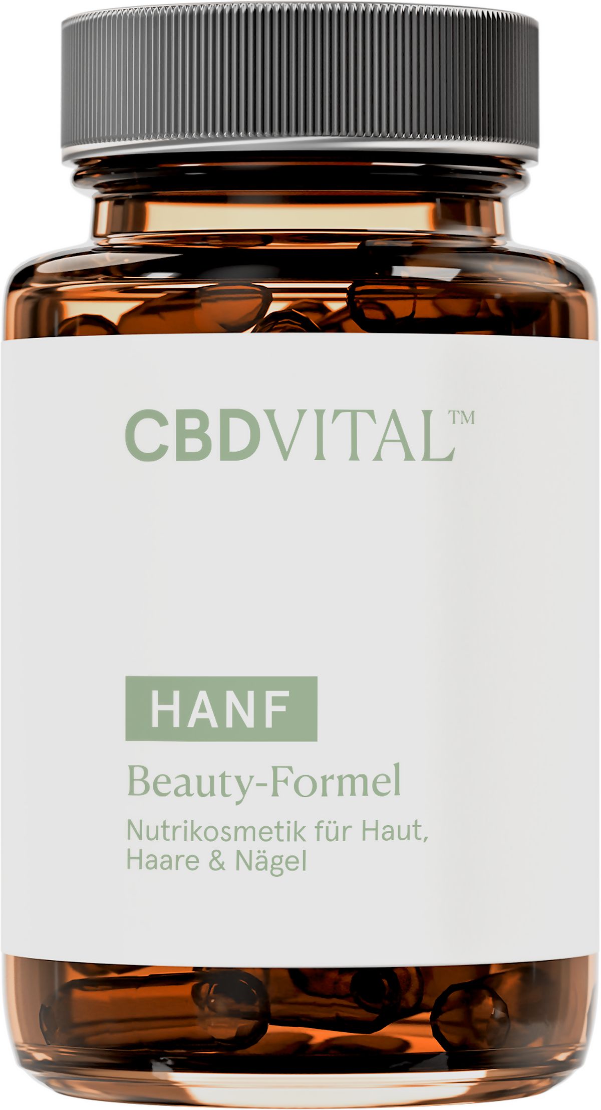 Braune Kapseln in einer braunen Glasflasche mit weißem Etikett. Aufschrift: CBD VITAL, HANF, Beauty-Formel.