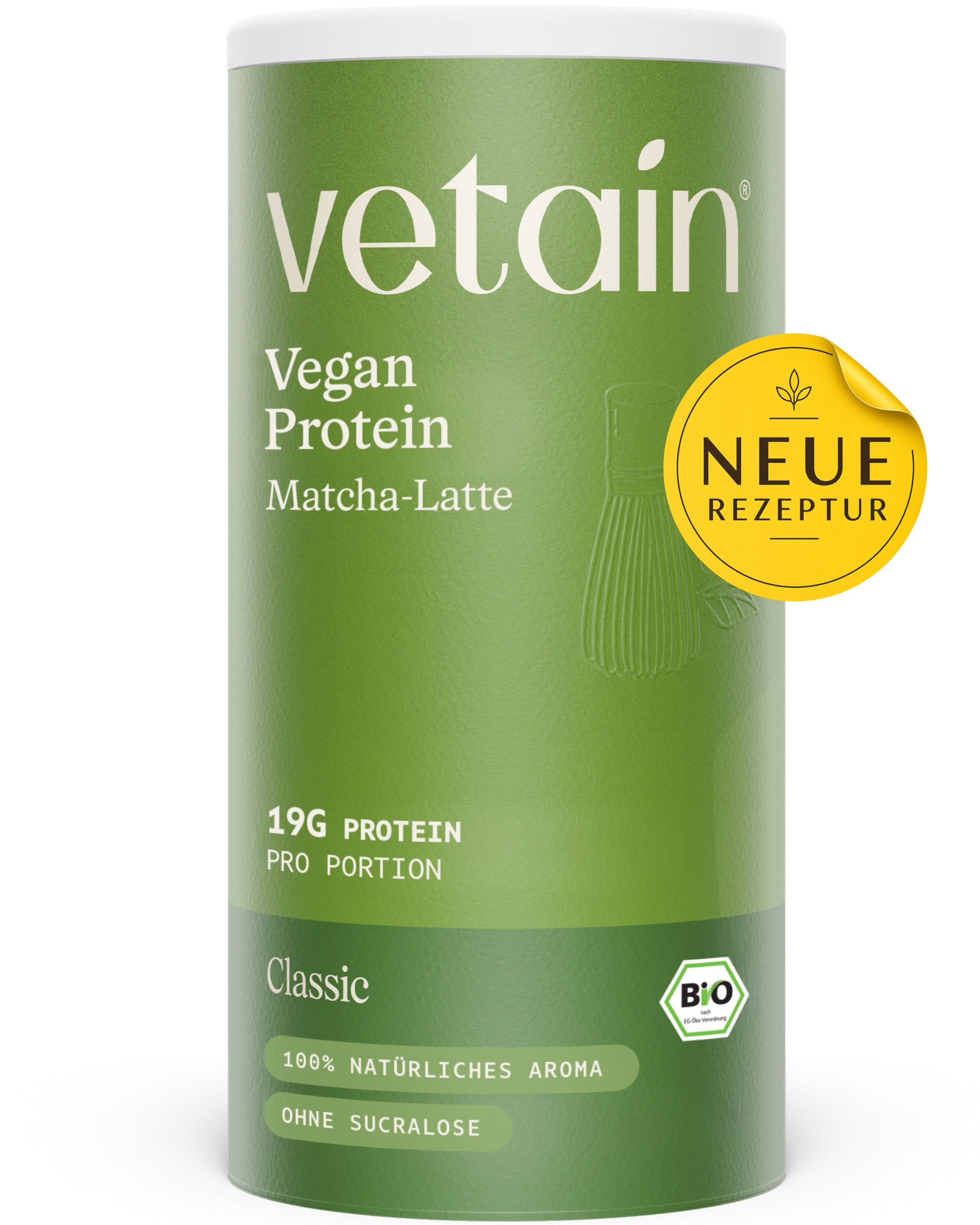 Grüne Dose VETAIN Vegan Protein Matcha Latte mit Bio-Siegel und "Neue Rezeptur"-Aufkleber.