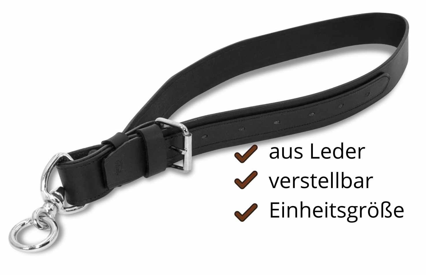 Schwarzer Leder-Halsriemen mit Metallschnalle und Karabinerhaken. Verstellbar, Einheitsgröße.