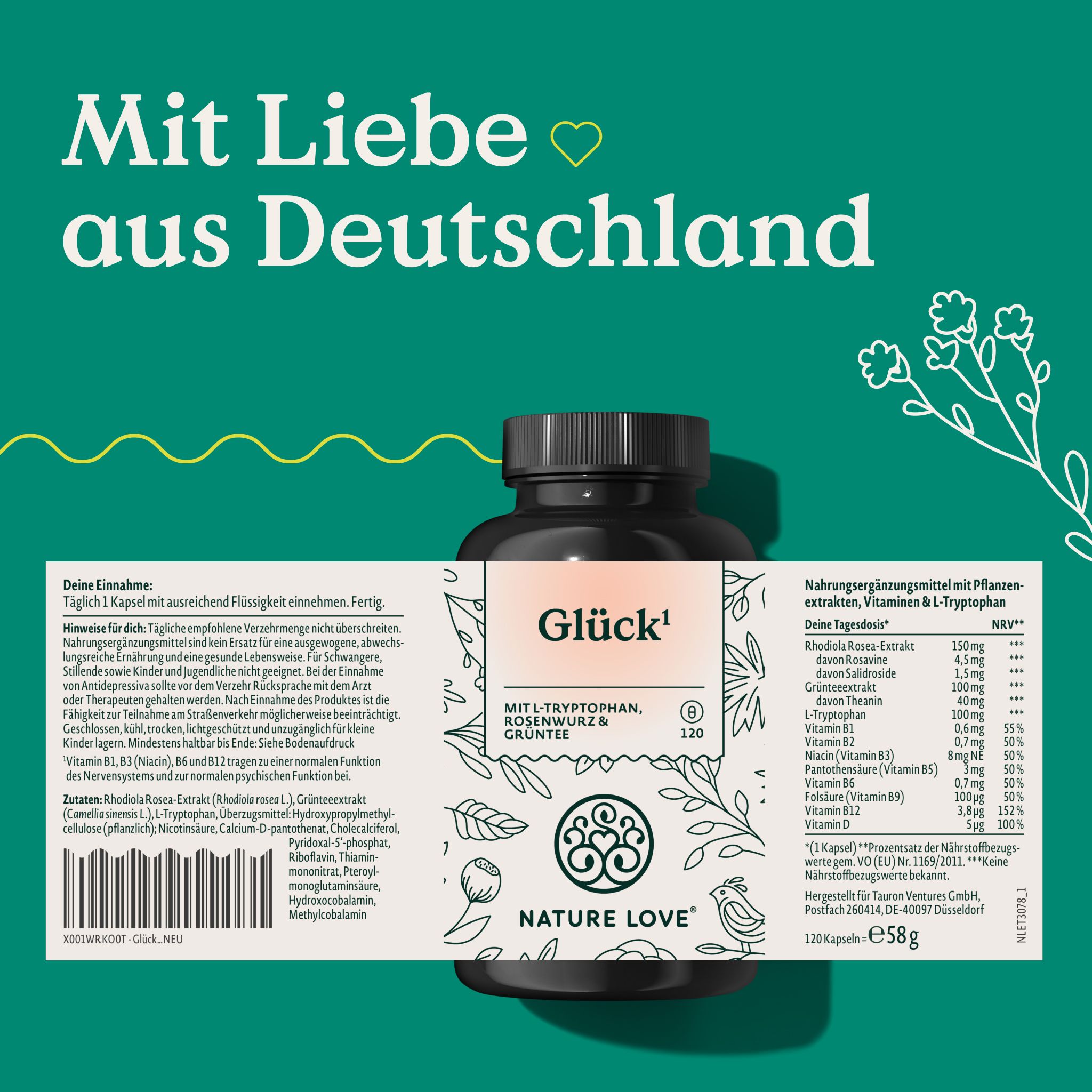Etikett mit Produktinformationen. Aufschrift: Glück, MIT L-TRYPTOPHAN, ROSENWURZ & GRÜNTEE. NATURE LOVE® Logo. Nährwertangaben.
