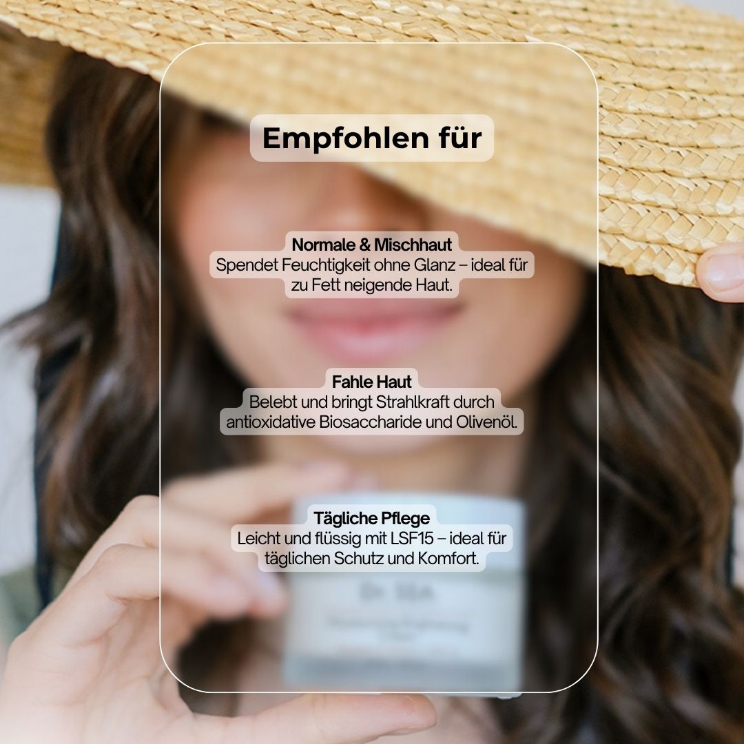 Frau mit Hut. Text: Empfohlen für: Normale & Mischhaut, fahle Haut, tägliche Pflege. Creme-Tiegel im Hintergrund.