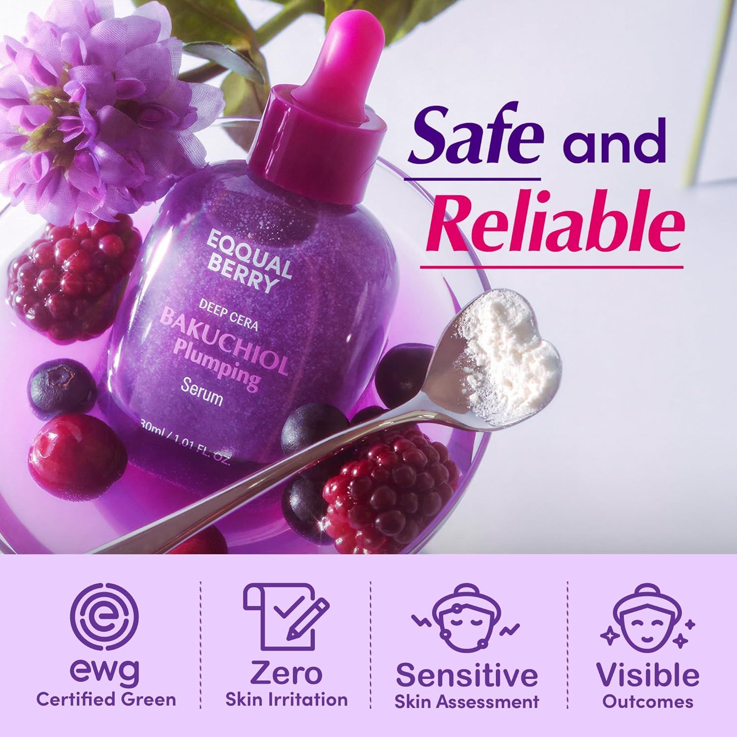 Serumflasche mit Beeren und Blüten. Text: Sicher und zuverlässig. Zertifizierungen: EWG, Zero Skin Irritation.