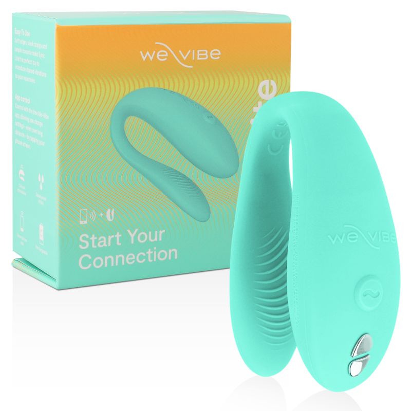 Verpackung und Vibrator. Türkisfarbener Vibrator in U-Form. We-Vibe Logo und Text: Start Your Connection.