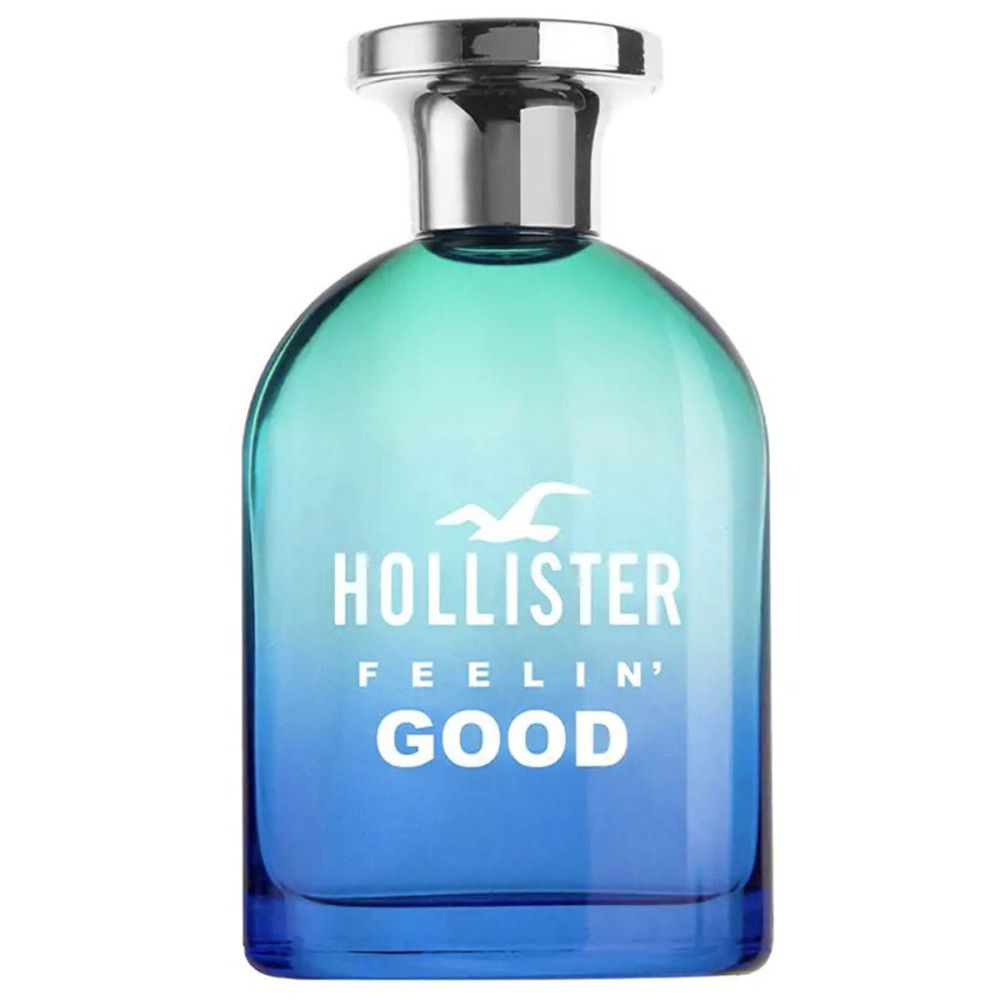 Blau-grüner Flakon mit silbernem Verschluss. Aufschrift: Hollister Feelin' Good.