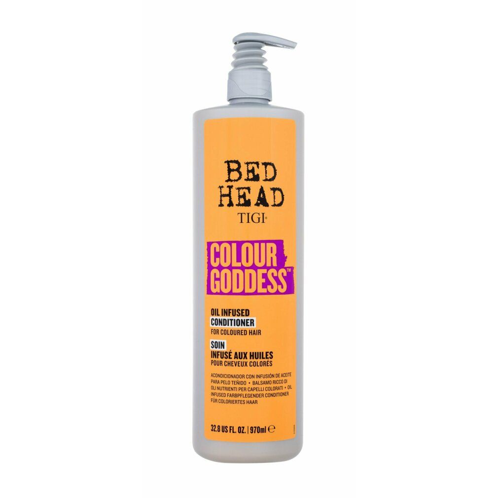 Bed Head TIGI Colour Goddess Conditioner Flasche mit Pumpspender, orangefarbenes Etikett.