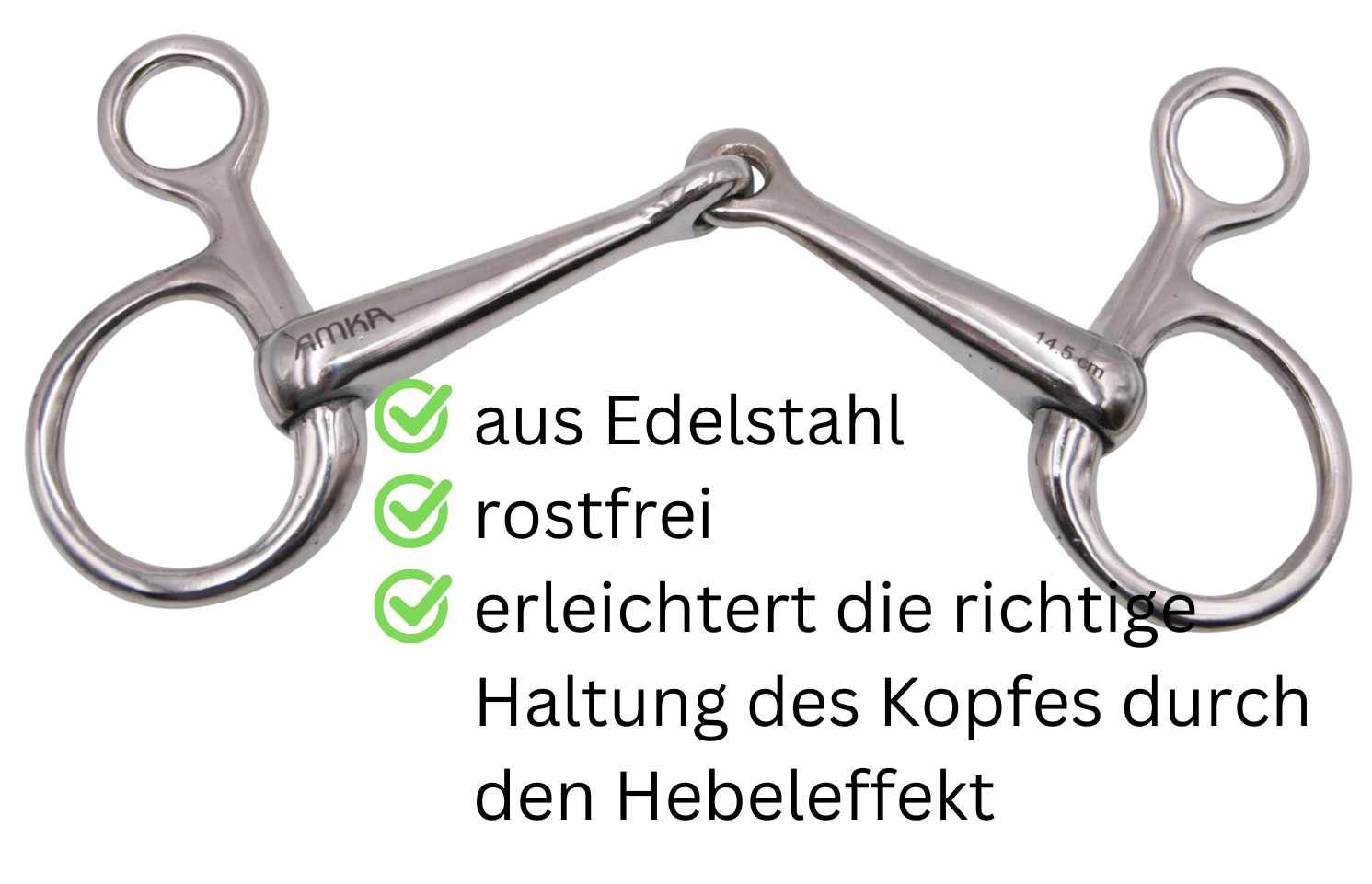 Edelstahl-Trense, rostfrei, mit AMKA-Logo. Text: aus Edelstahl, rostfrei, erleichtert die richtige Haltung des Kopfes durch den Hebeleffekt.