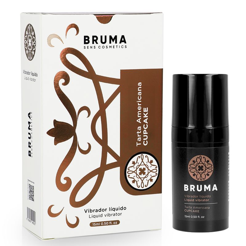 Produktverpackung und Flasche. Aufschrift: Bruma, Flüssigvibrator, Cupcake. 15ml Format. Verpackung mit Logo.