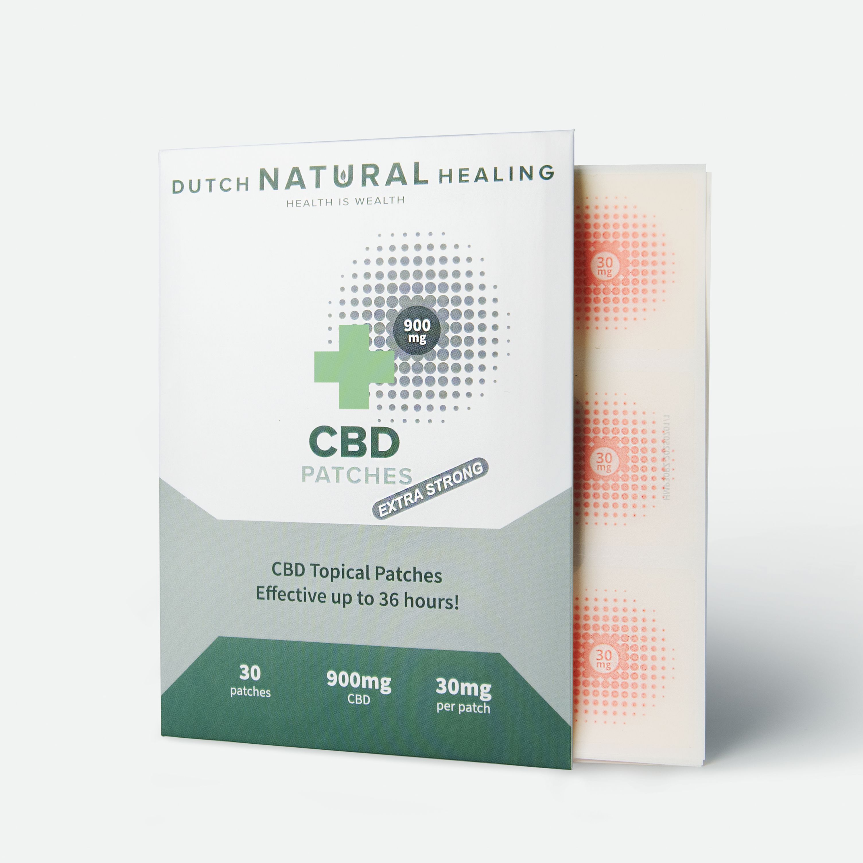 Verpackung mit CBD-Pflastern. Marke: Dutch Natural Healing. Enthält 30 Pflaster, 900mg CBD. Extra stark.