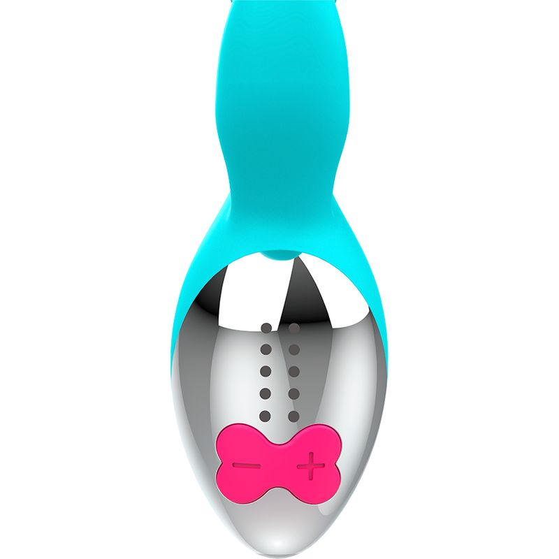 Nahaufnahme eines Vibrators mit silbernem Kopf und pinkfarbenen Bedienelementen. Türkisfarbener Schaft.