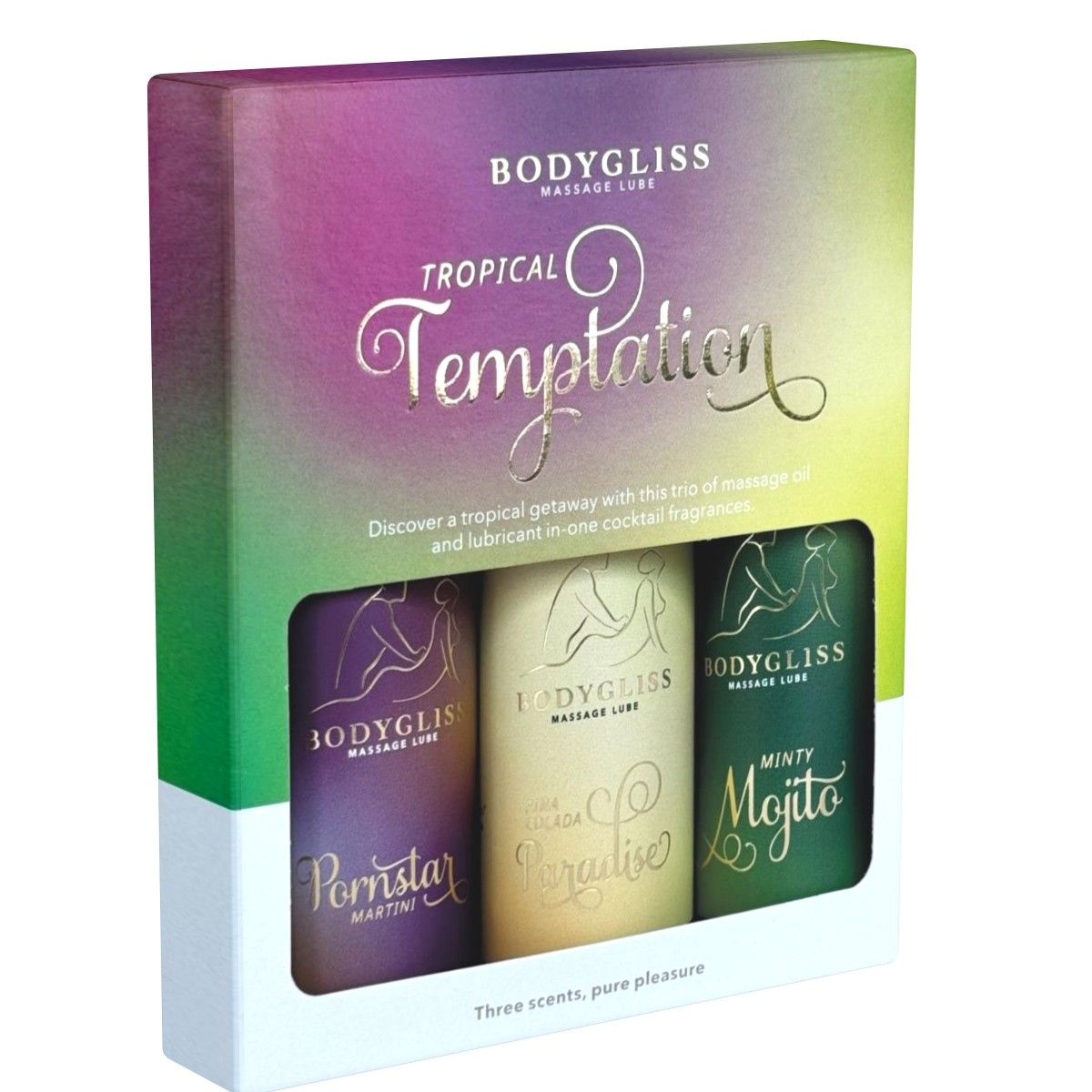 Geschenkbox mit drei Massageölen. Aufschrift: Bodygliss Tropical Temptation. Verschiedene Düfte: Pornstar Martini, Paradise, Mojito.