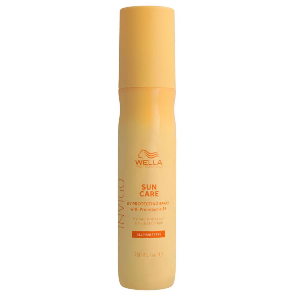 Gelb-oranges Spray. Aufschrift: Wella Invigo Sun Care. UV-Schutzspray mit Provitamin B5. Für alle Haartypen. 150 ml.