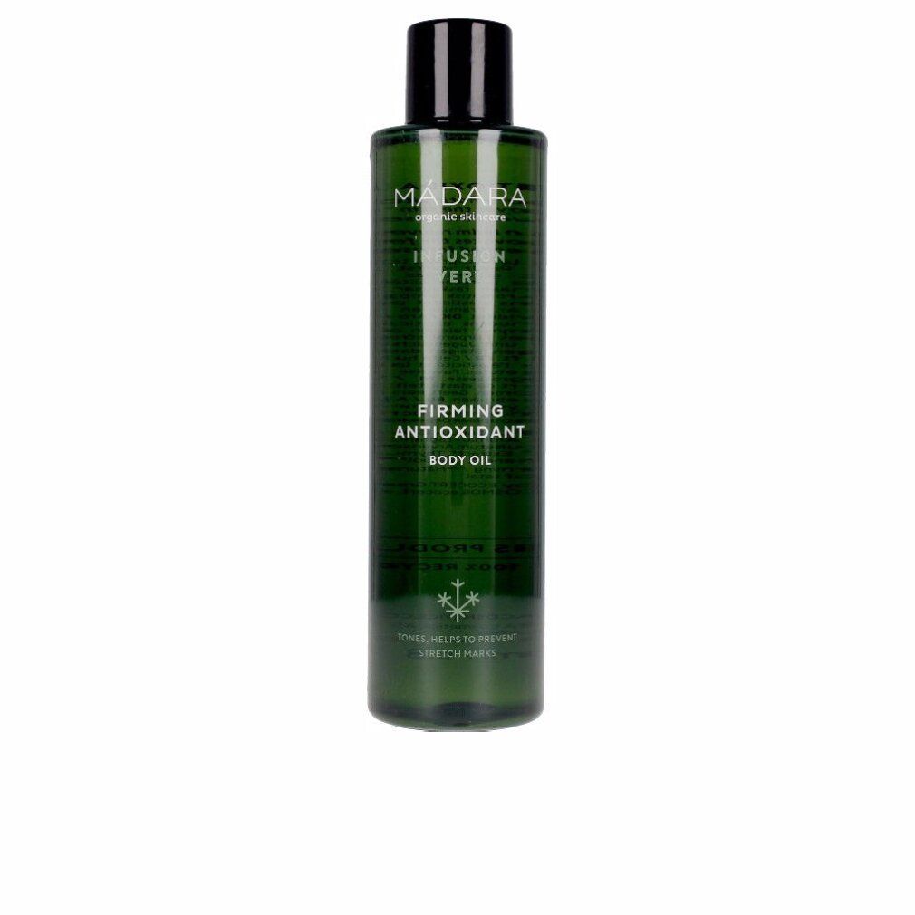 Grüne Flasche mit schwarzem Deckel. Aufschrift: MÁDARA, Infusion Vert, Firming Antioxidant Body Oil.