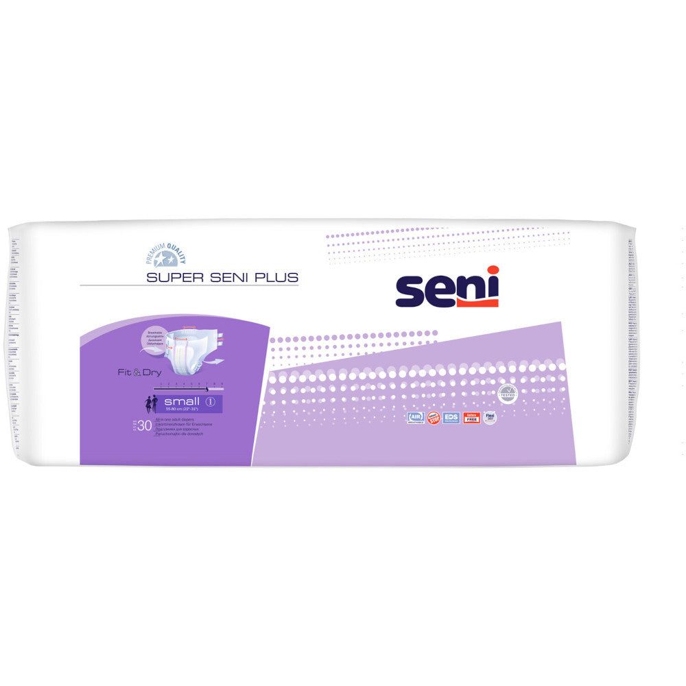 Verpackung mit Inkontinenzhosen. Aufdruck: SUPER SENI PLUS, seni-Logo, Größenangabe small, 30 Stück. Lila und weiße Farbgebung.