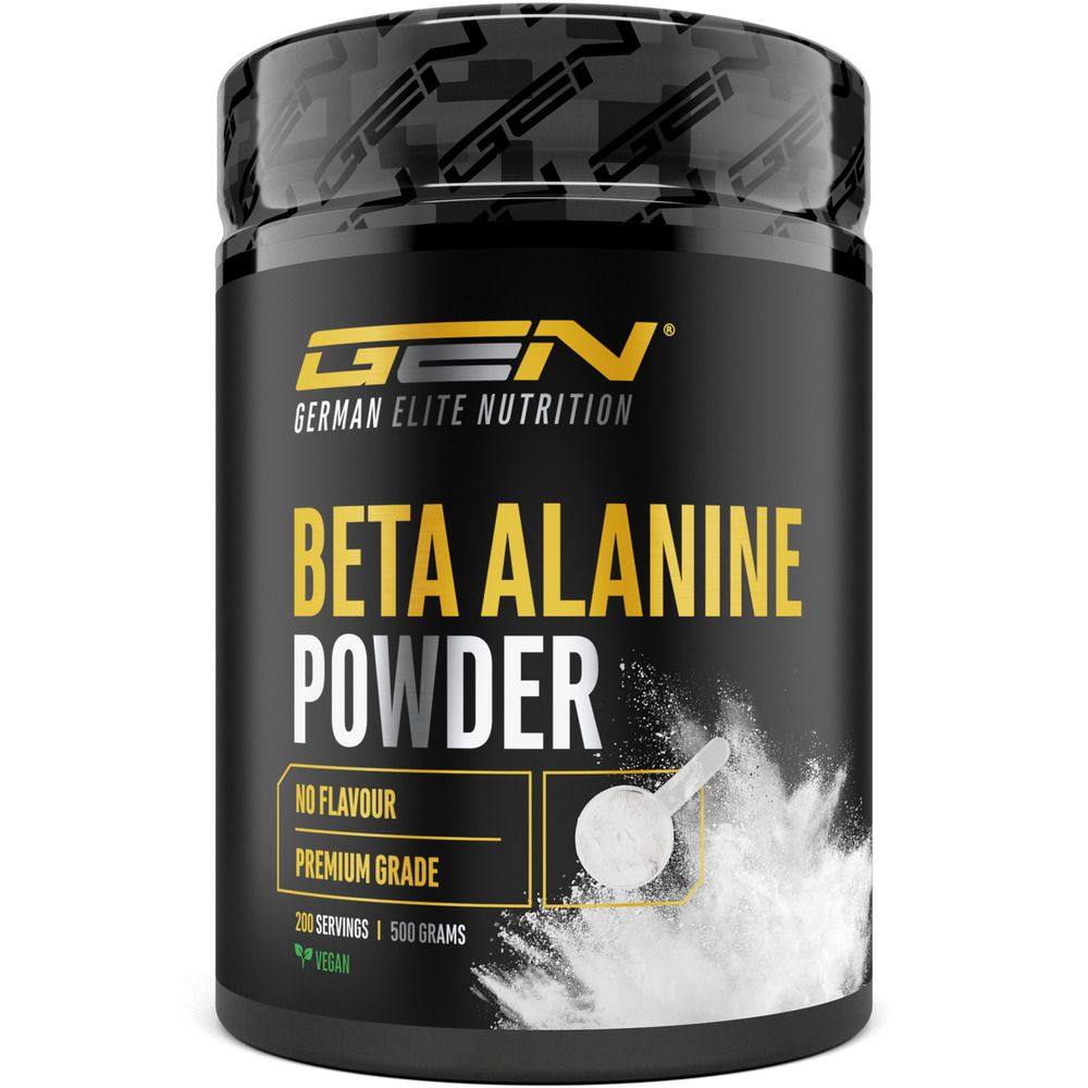 Schwarze Dose GEN Beta Alanin Pulver. Aufschrift: 200 Portionen, 500 Gramm, No Flavour, Premium Grade, Vegan. Mit Messlöffel.