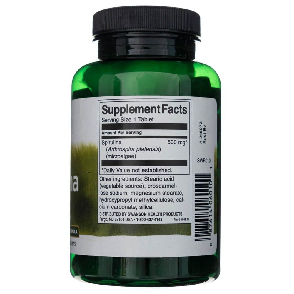 Rückseite einer grünen Flasche mit Swanson Spirulina, Supplement Facts.