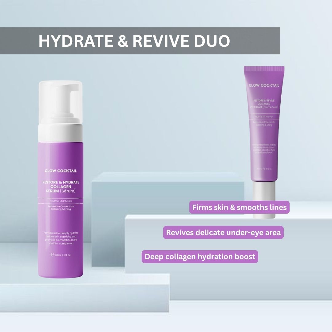 Glow Cocktail Serum und Augencreme auf Podesten. Text: Hydrate & Revive Duo.