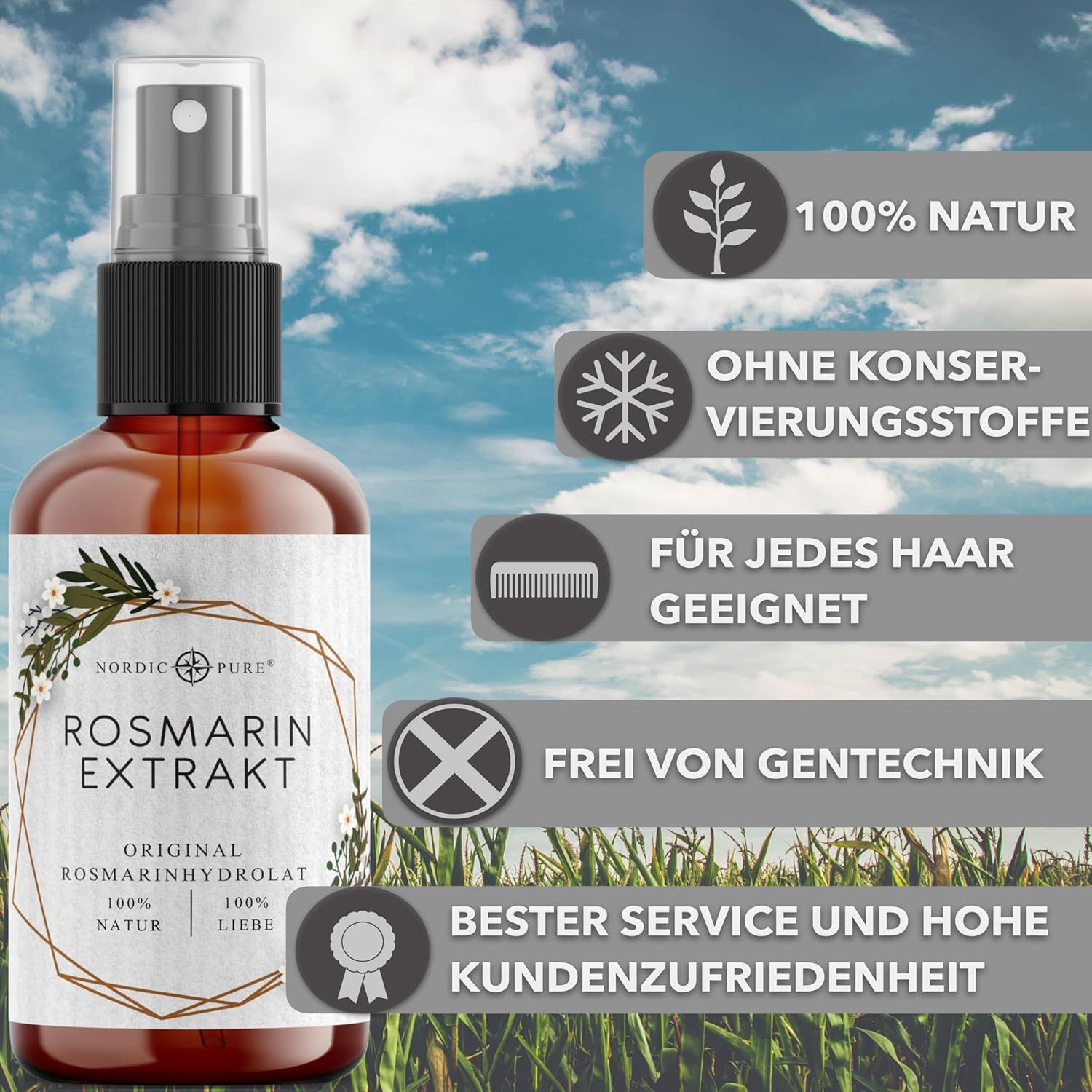 Produkt mit Icons: 100% Natur, ohne Konservierungsstoffe, für jedes Haar geeignet, frei von Gentechnik. Flasche mit Sprühkopf.