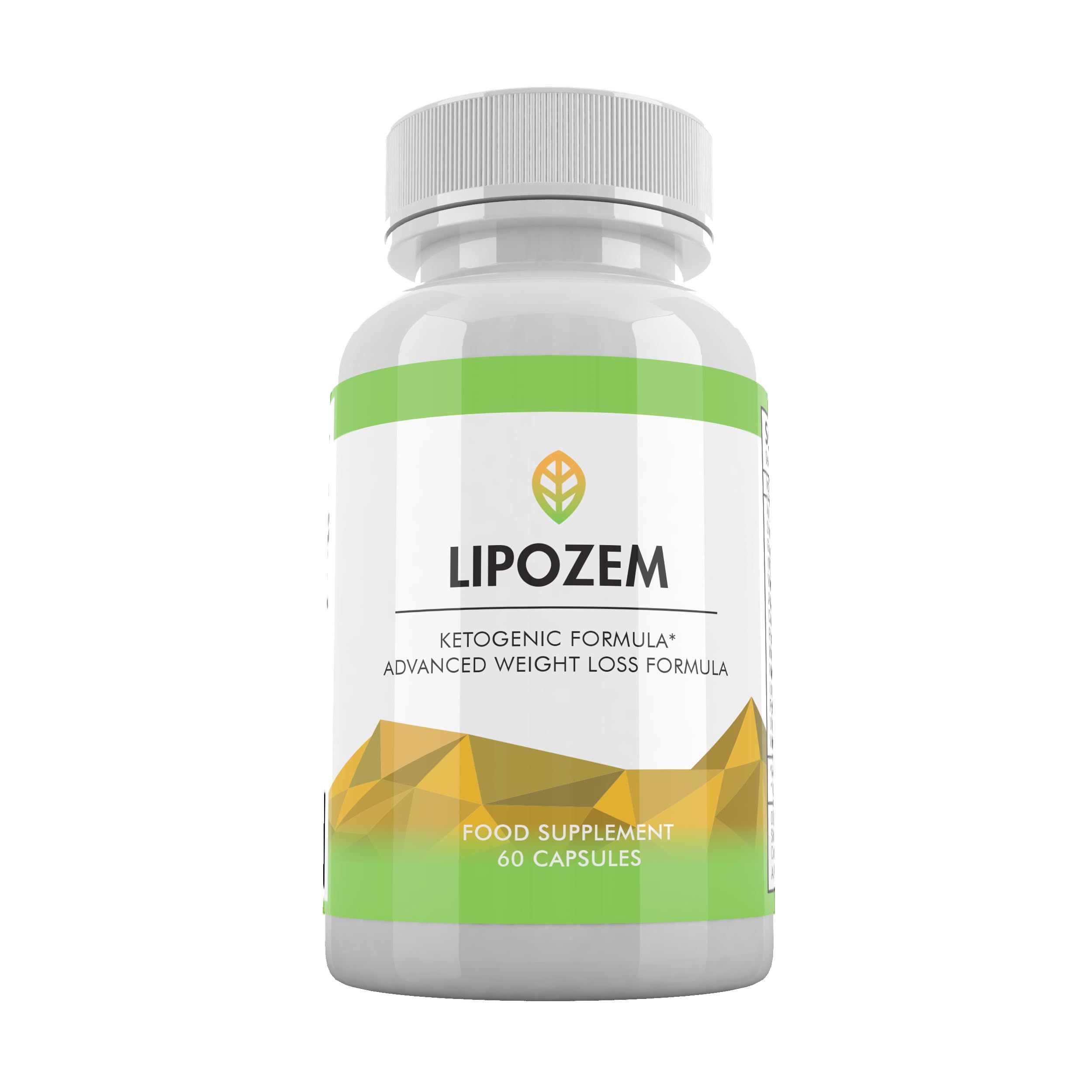 Weiße Flasche mit grünem Band. Aufschrift: Lipozem, Ketogene Formel, 60 Kapseln. Goldfarbene Grafik.