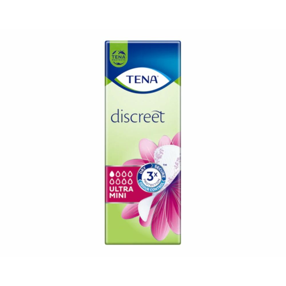 Verpackung von TENA Discreet. Grün-blaues Design. Produktname und Saugstärke-Indikatoren.
