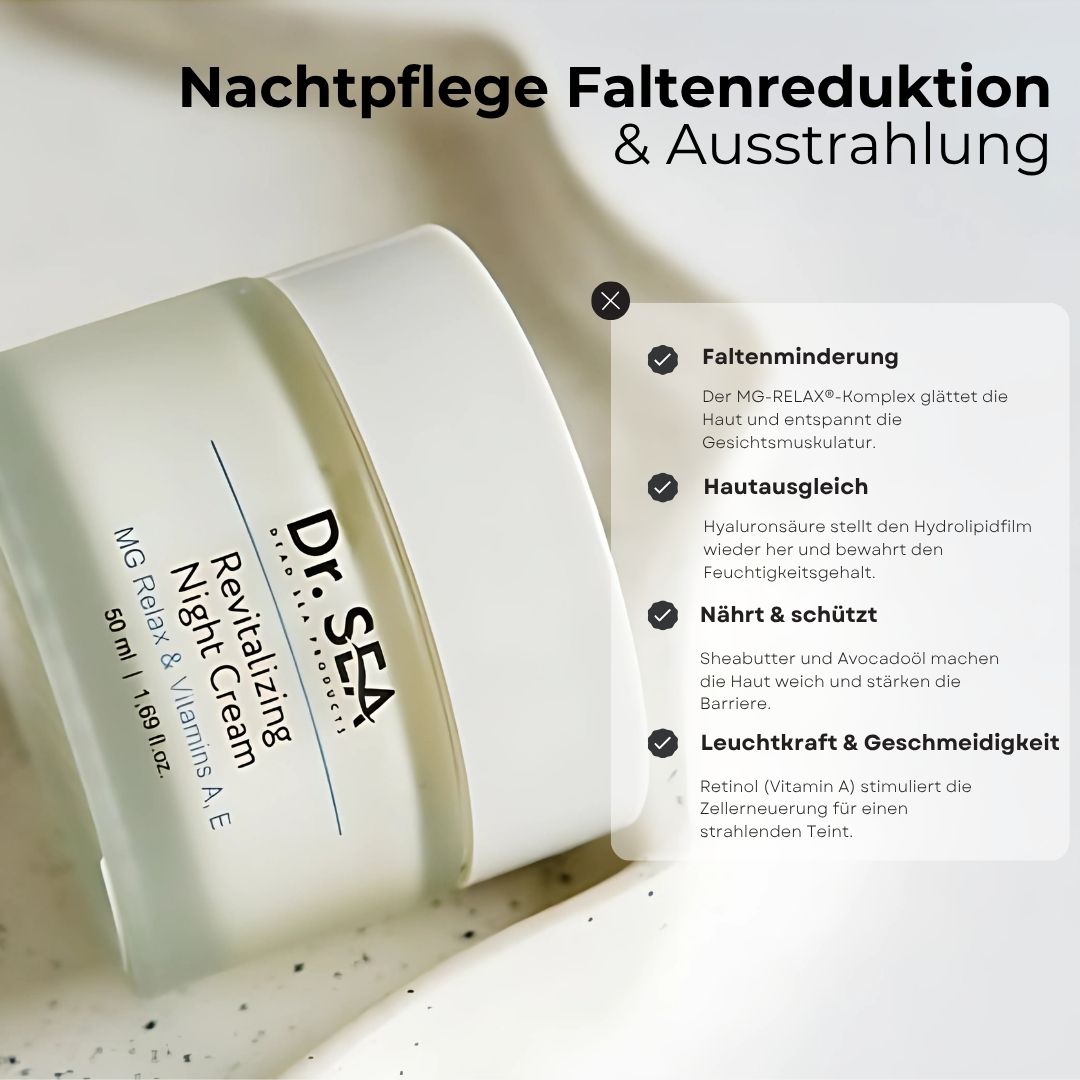 Creme-Tiegel mit Text. Text: Faltenminderung, Hautausgleich, Nährt & schützt, Leuchtkraft & Geschmeidigkeit.