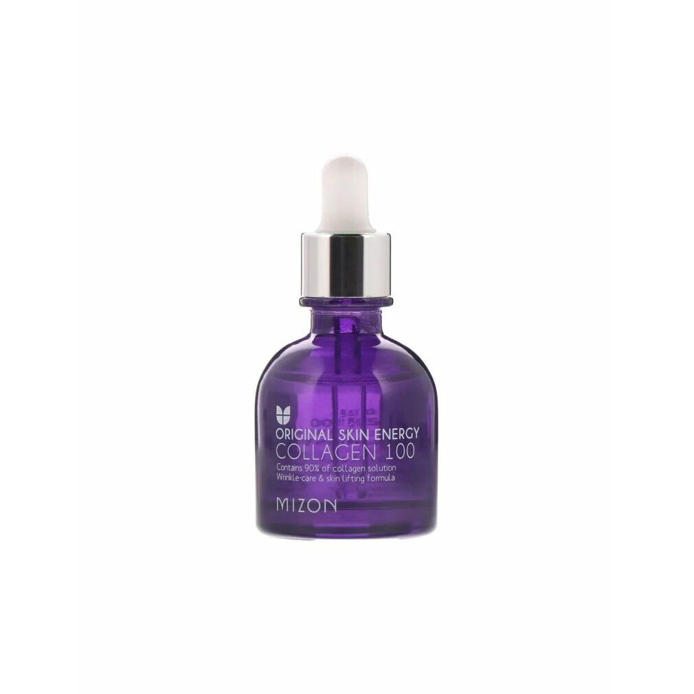 Violette Flasche mit Pipette. Aufschrift: Original Skin Energy Collagen 100, Mizon. Pipette auf der Flasche.
