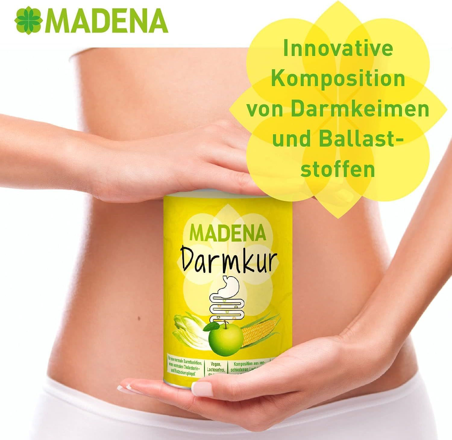 Frau hält gelbe Dose MADENA Darmkur vor Bauch. Gelber Hintergrund mit Text: Innovative Komposition von Darmkeimen und Ballaststoffen.