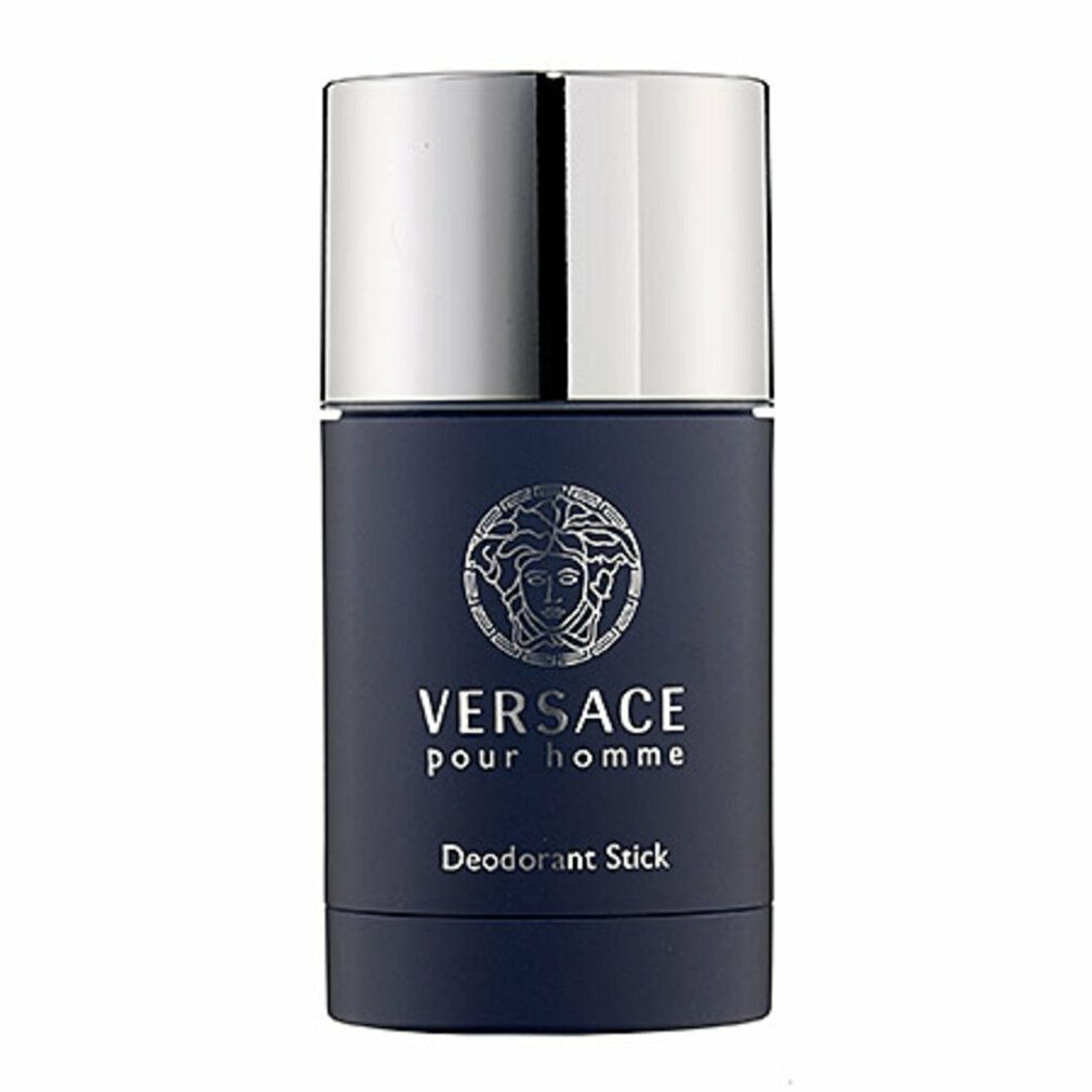 Deo-Stick. Dunkelblauer Behälter mit silbernem Deckel. Marke und Schriftzug 'Versace pour homme' und 'Deodorant Stick'.