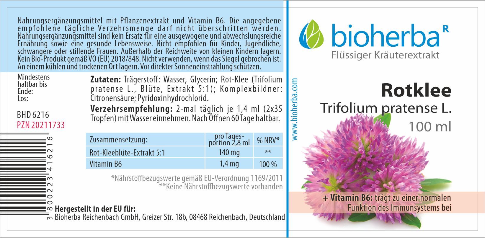 Etikett mit Produktinformationen. Bioherba Rotklee Tinktur, Inhaltsstoffe, Verzehrempfehlung, Nährwertangaben, PZN 17187474.
