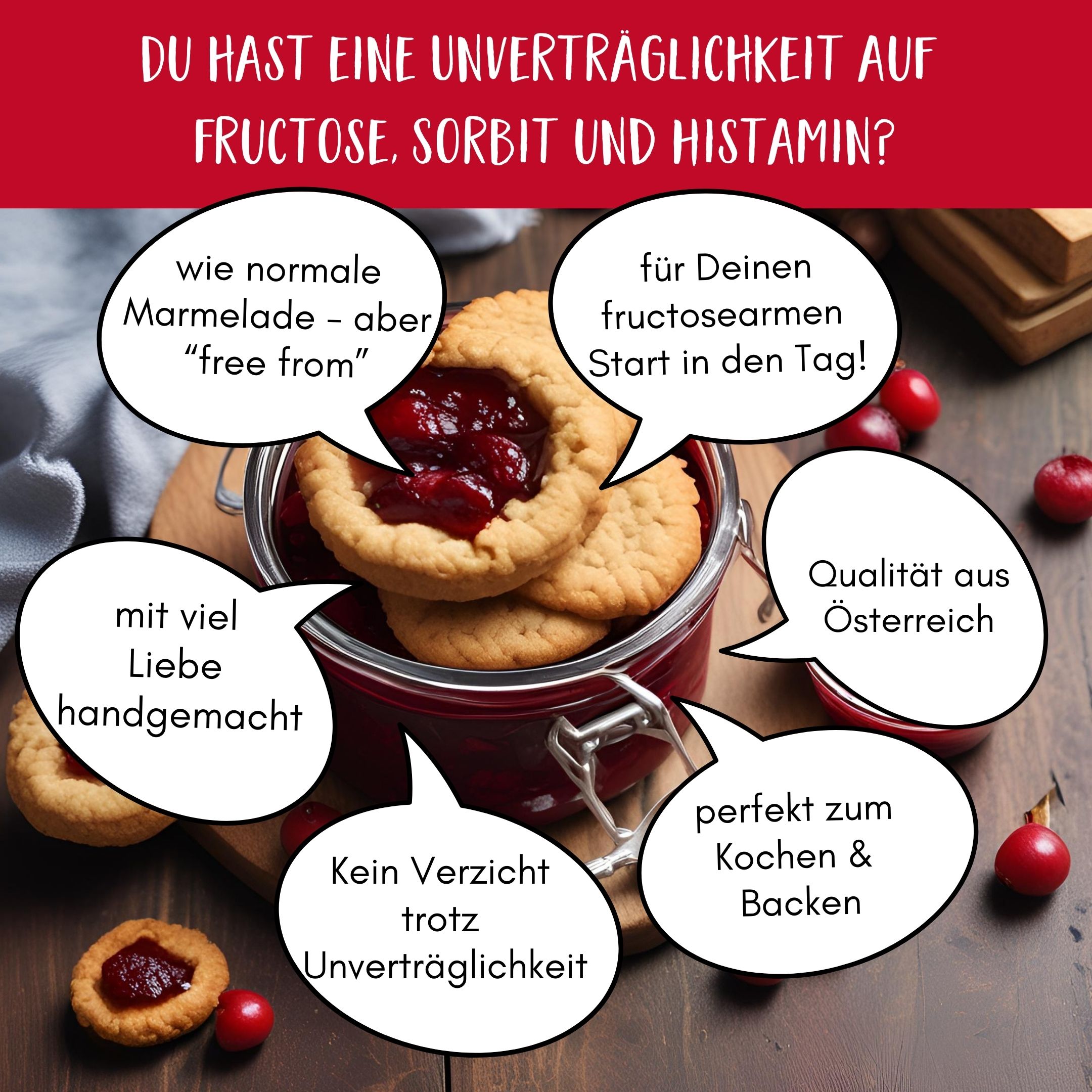 Glas FRUNIX® Cranberry-Fruchtaufstrich mit Keksen. Text: Wie normale Marmelade - aber "free from". Handgemacht mit viel Liebe.