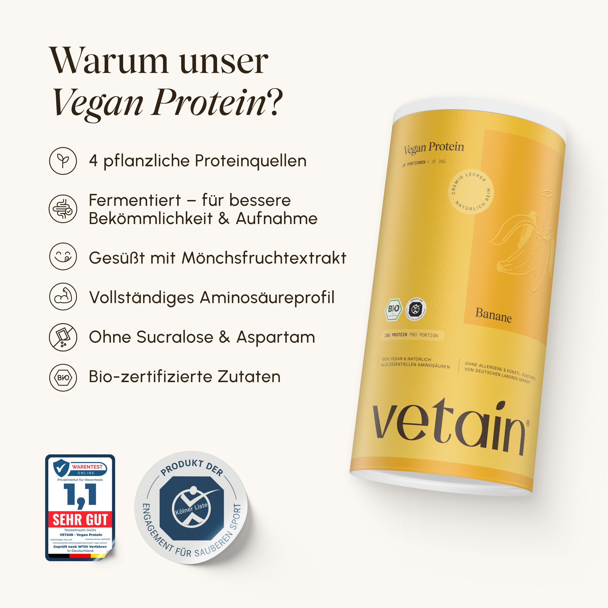 VETAIN Vegan Protein Dose Banane, Vorteile: 4 Proteinquellen, fermentiert, Bio.