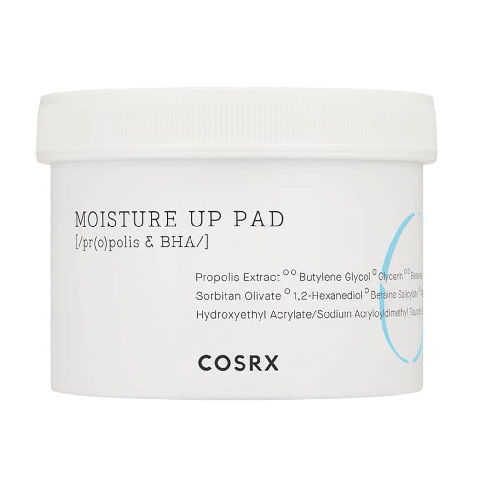 Weiße Dose mit Aufschrift "MOISTURE UP PAD" und Inhaltsstoffen. Marke: COSRX. Blaue Akzente.