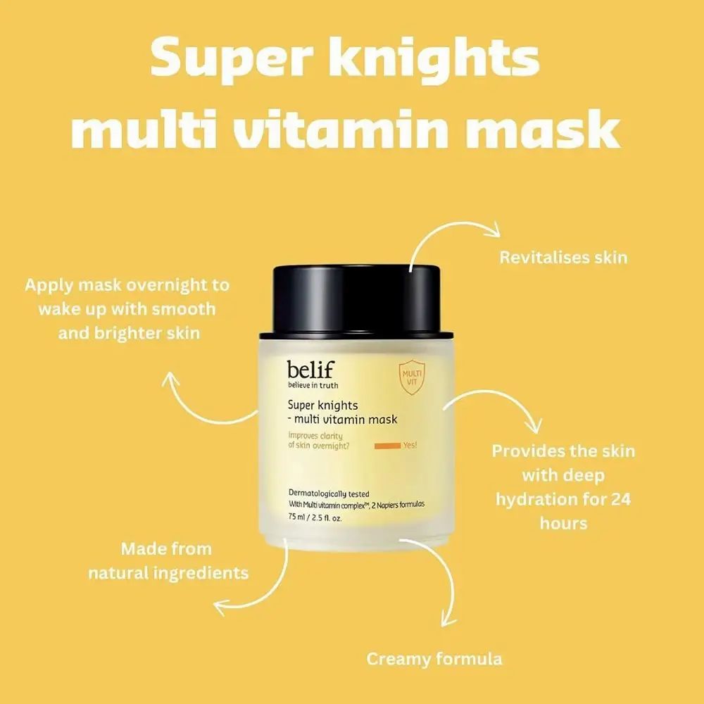 Behälter mit schwarzem Deckel. Aufschrift: belif, Super knights - multi vitamin mask. Gelbe Flüssigkeit sichtbar. Pfeile mit Text.