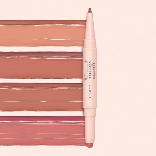 Doppelender Lippenstift mit Farbfeldern. Rosa-farbener Lippenstift. Aufschrift: Pupa Milano Creamy Duo.