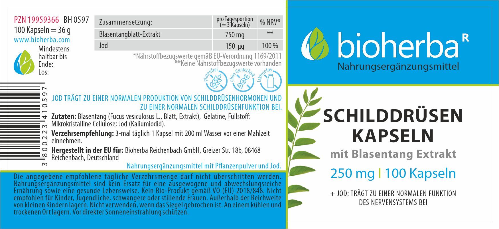 Etikett mit Produktinformationen. "Bioherba"-Logo, "Schilddrüsen Kapseln mit Blasentang Extrakt", 250 mg | 100 Kapseln. Zusammensetzung und Nährwertangaben.