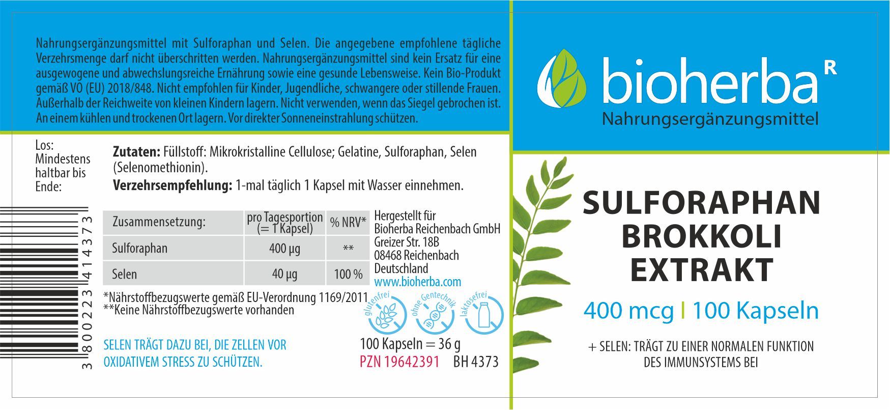 Produktinformationen. Aufschrift: Sulforaphan Brokkoli Extrakt. Text: Selen trägt zu einer normalen Funktion des Immunsystems bei.