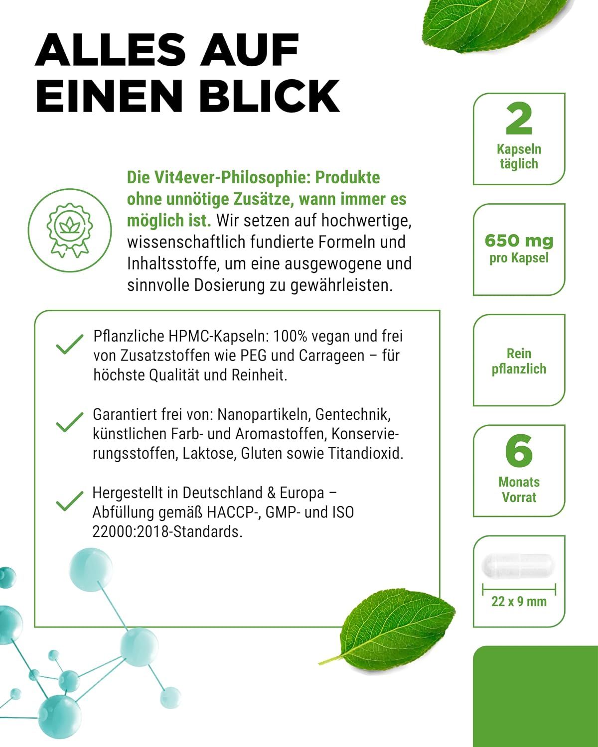 Vit4ever L-Tyrosin Dose mit Informationen: 650 mg, 2 Kapseln täglich, 6 Monate Vorrat.