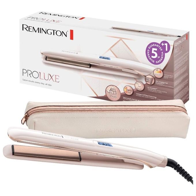 Geräte-Set: Glätteisen, Etui und Verpackung. Aufschrift: Remington Proluxe. Garantie-Logo.