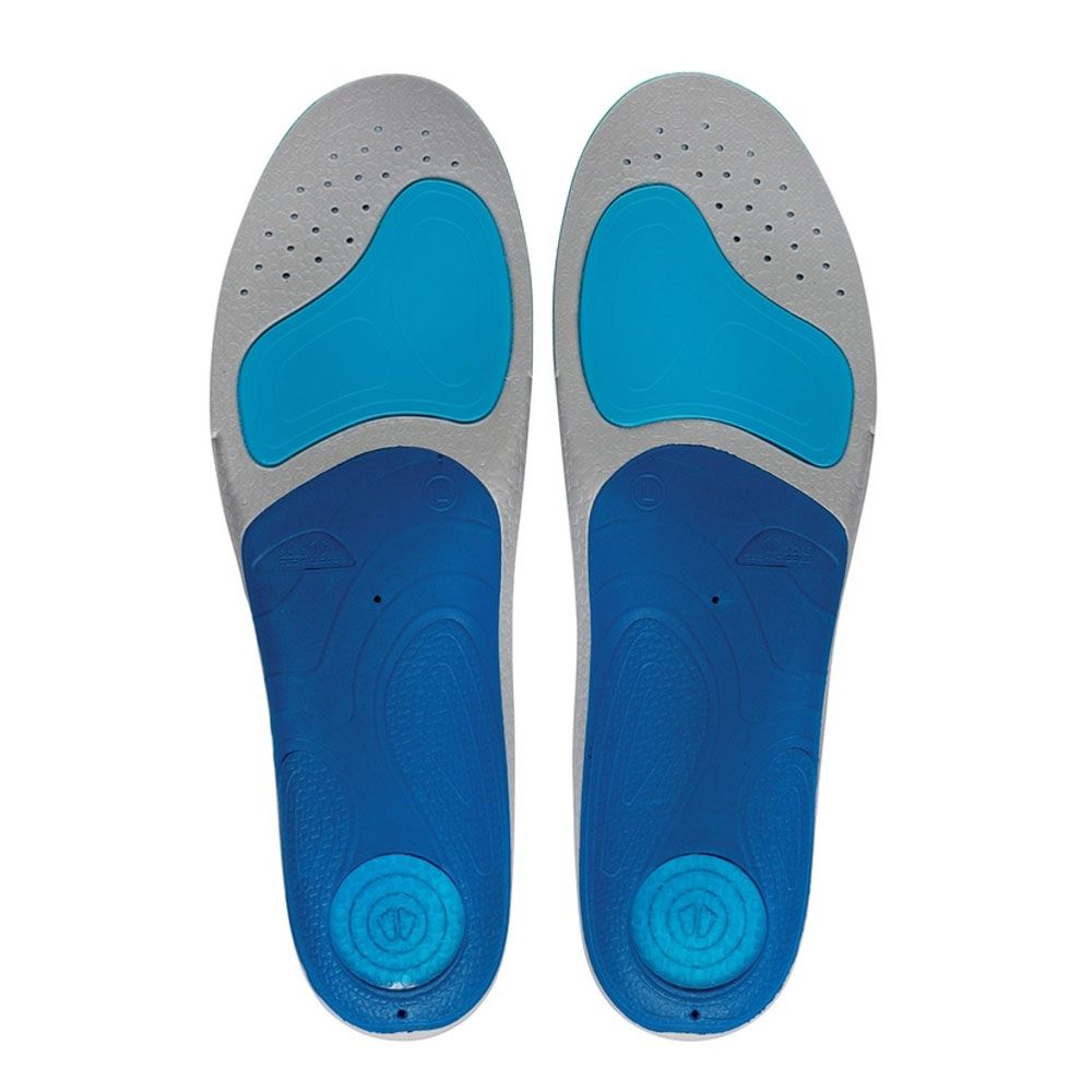 Zwei Einlegesohlen. Blau und grau. Oberseite grau mit blauen Akzenten. Unterseite blau. Logo. Perforationen im grauen Bereich.