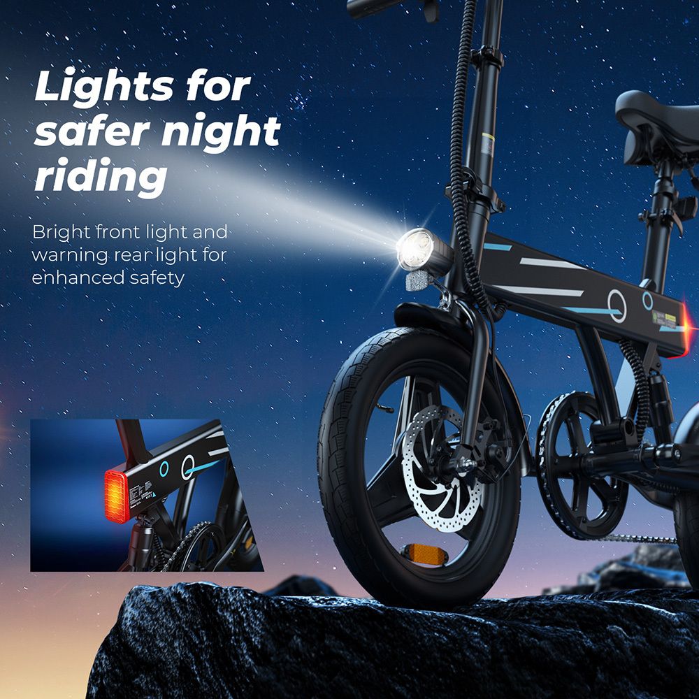 E-Bike mit Front- und Rücklicht. Helles Frontlicht und Rücklicht für verbesserte Sicherheit.