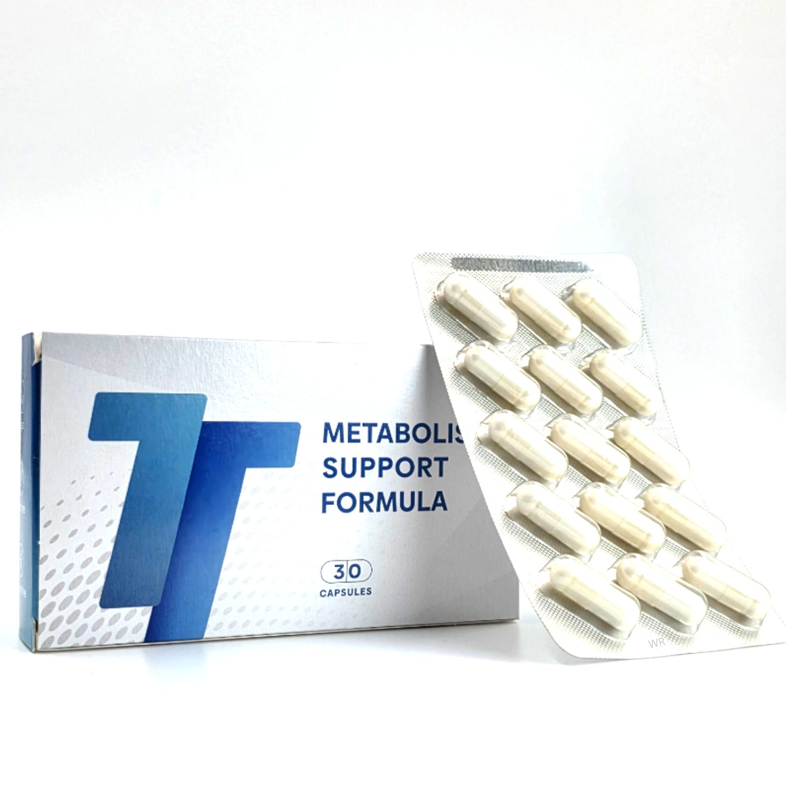 Schachtel "METABOLISM SUPPORT FORMULA" und Blisterpackung mit Kapseln. 30 Kapseln. Weißer Hintergrund.