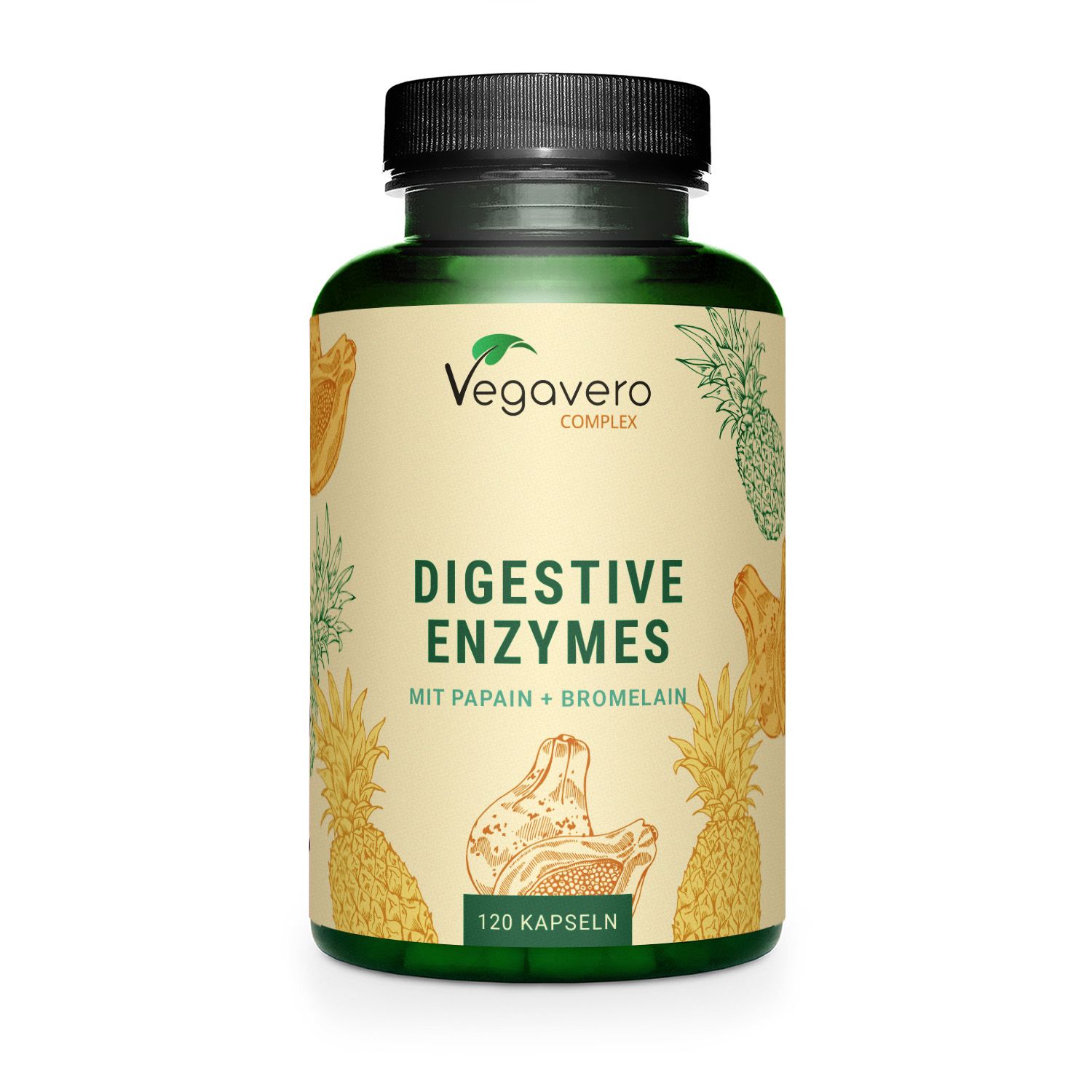 Grüne Flasche mit schwarzen Deckel. Aufschrift: Digestive Enzymes, mit Papain + Bromelain. 120 Kapseln.