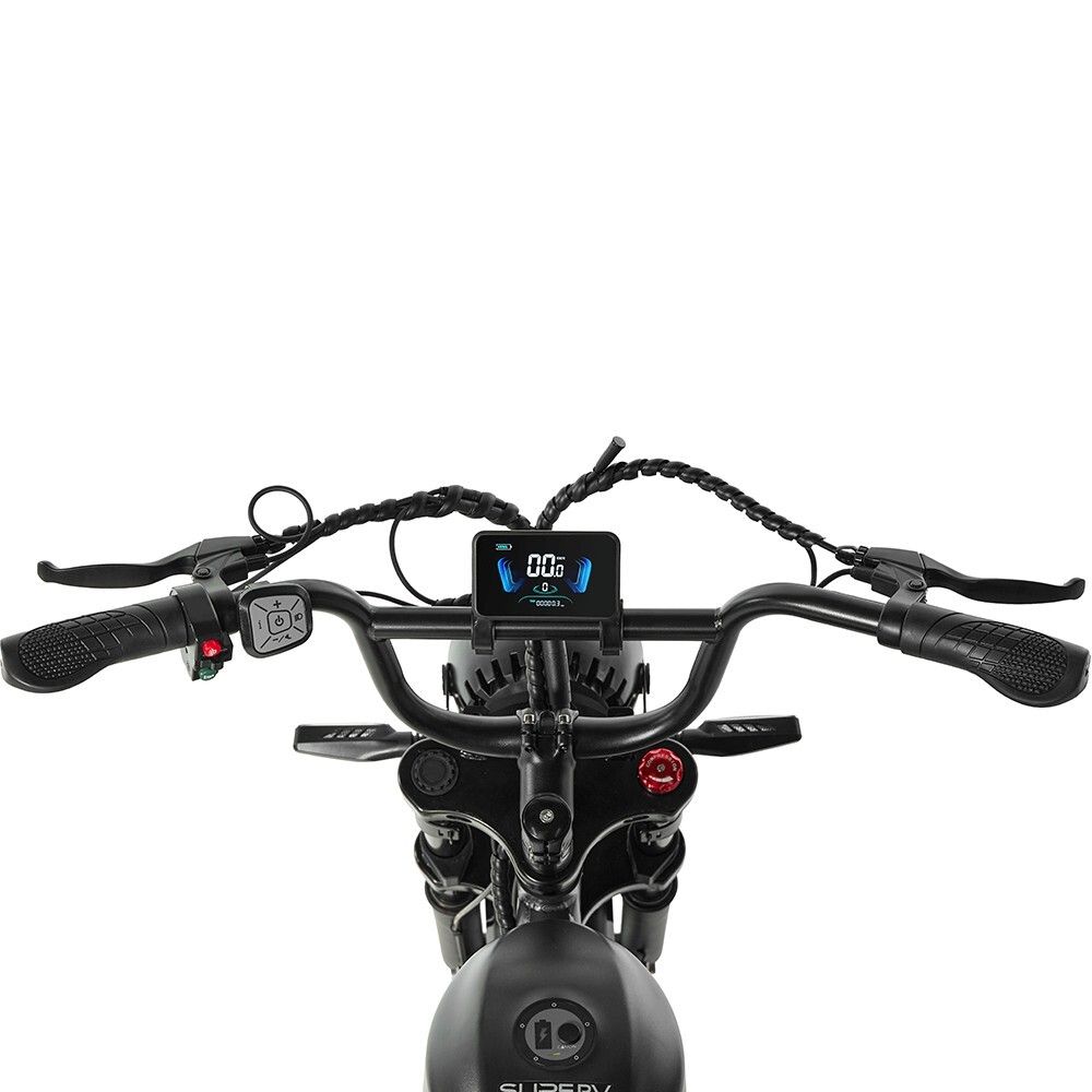 Draufsicht auf Lenker und Display. Schwarze Griffe, Display mit Anzeige. Schwarze Kabel. Rote und grüne Bedienelemente.