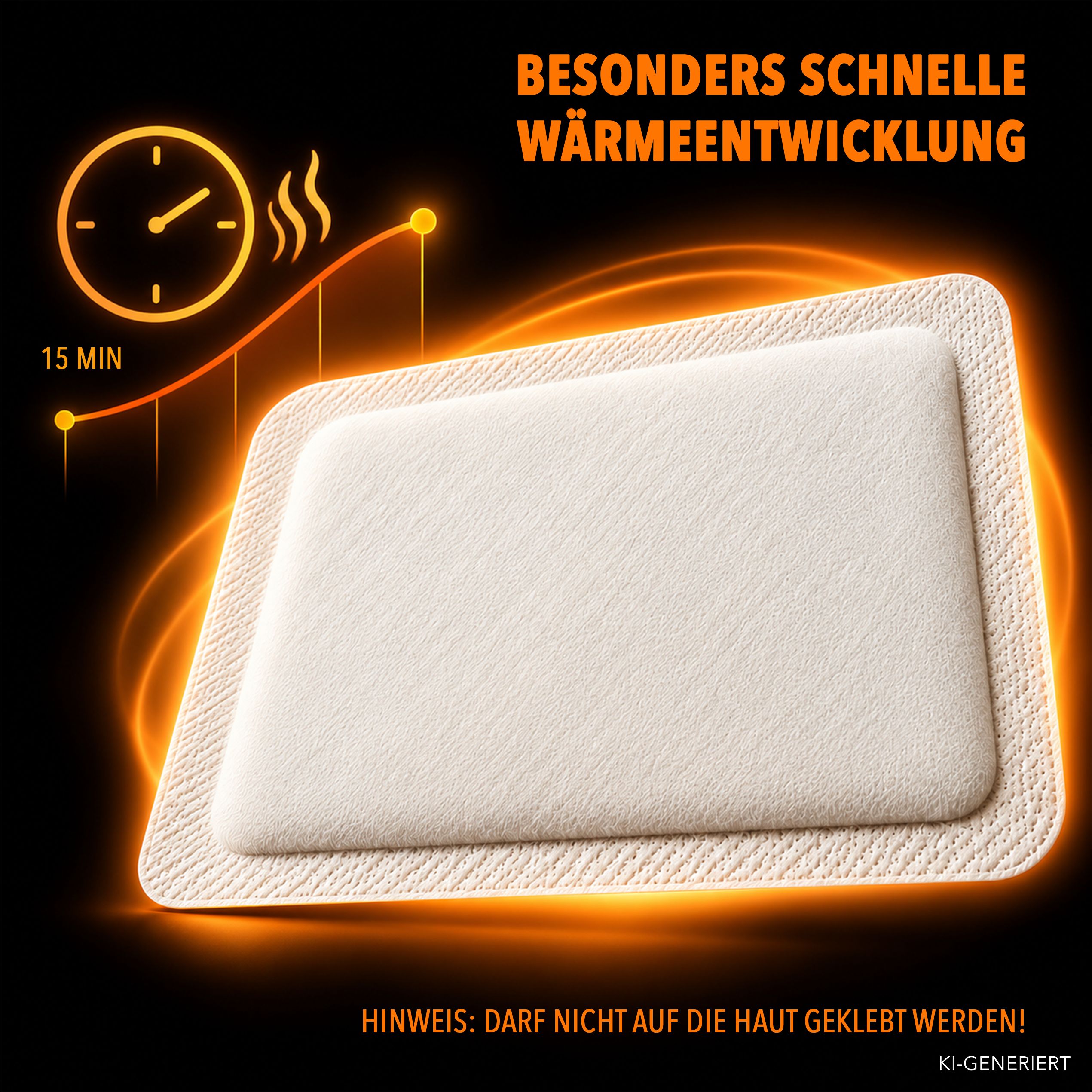 Wärmepflaster zeigt schnelle Wärmeentwicklung innerhalb von 15 Minuten. Hinweis: Nicht auf Haut kleben.