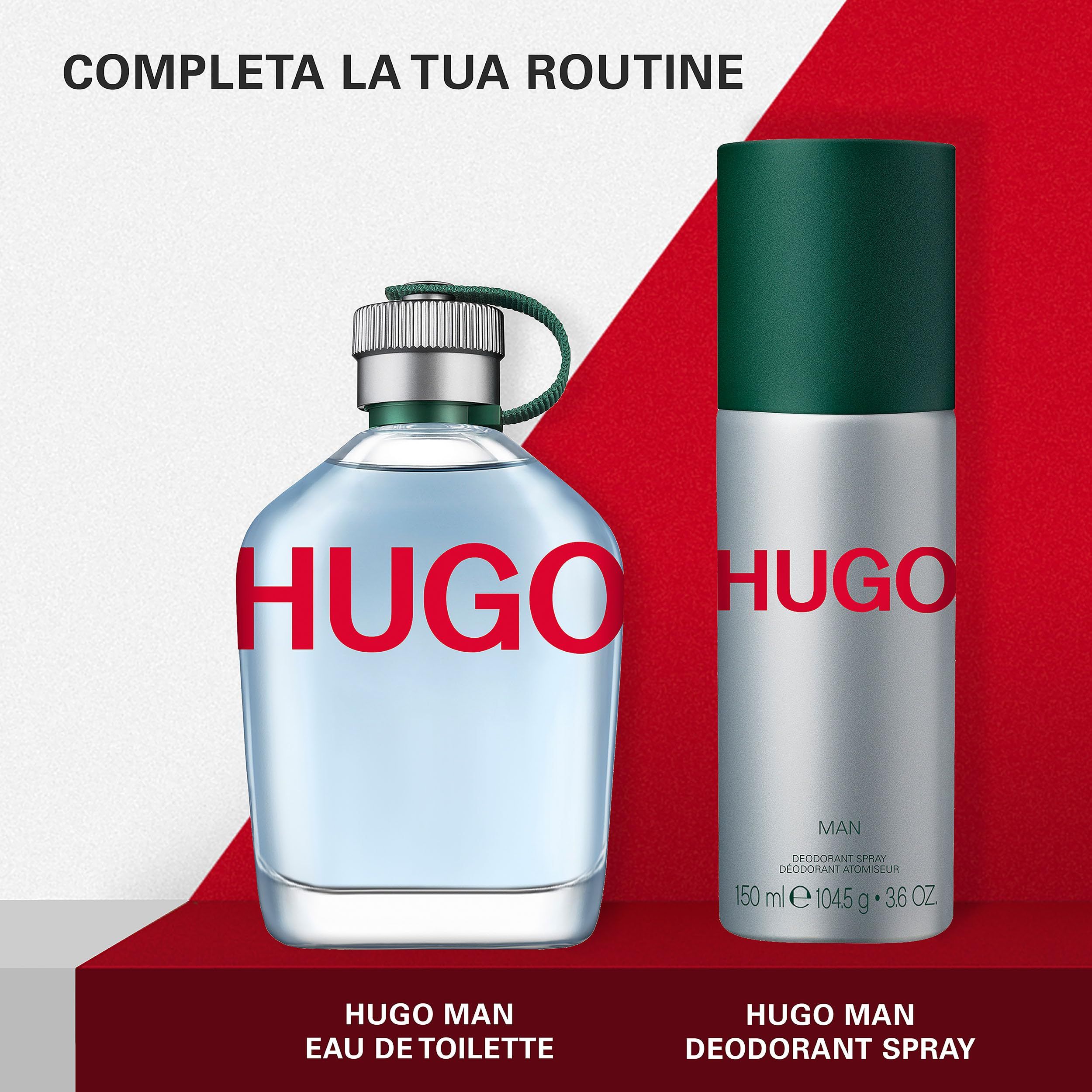 Hugo Man Eau de Toilette Flakon und Hugo Man Deodorant Spray nebeneinander auf rotem und weißem Hintergrund.